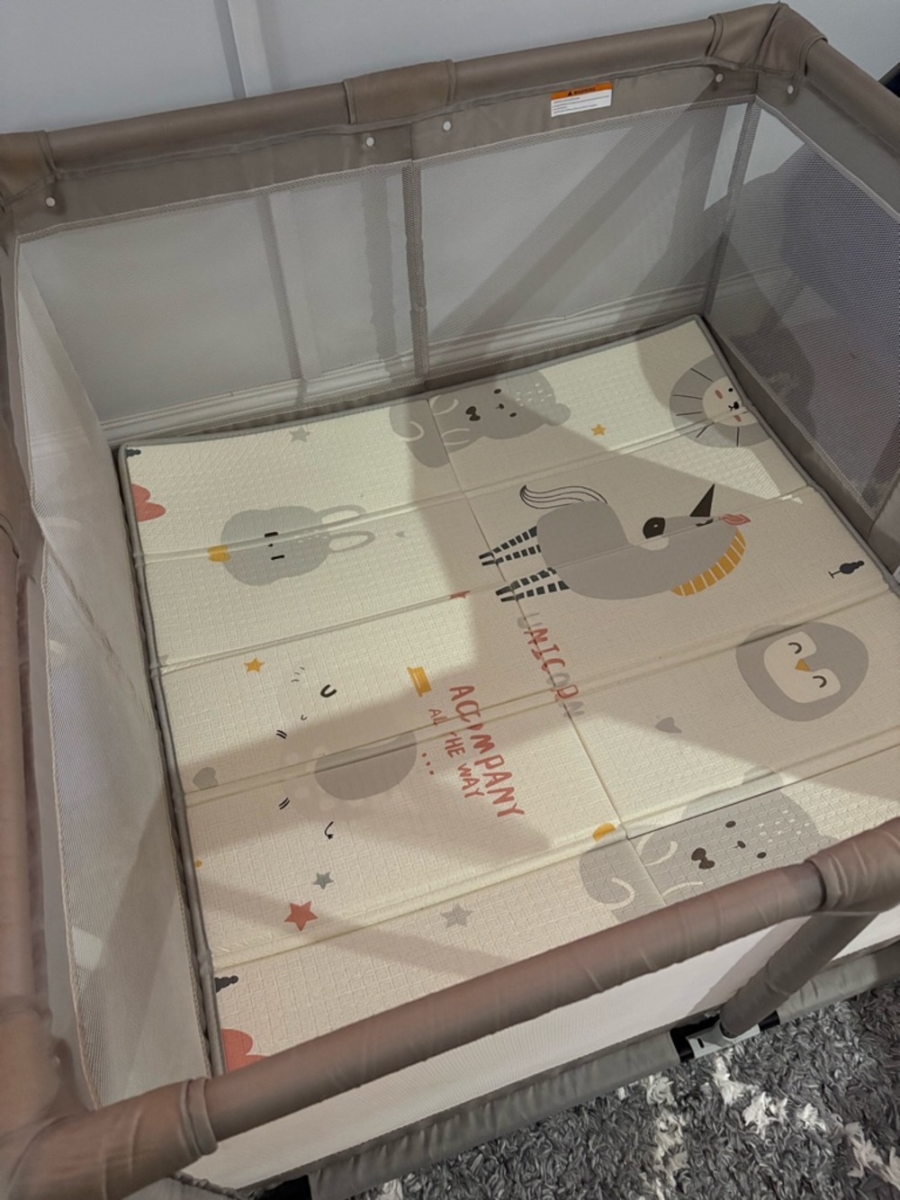 Neutral Gray & Cream Playpen Baby Mat - Cute Animal Design